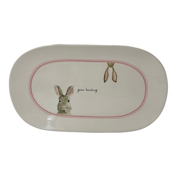 Rae Dunn GONE HUNTING Easter Bunny Rabbit Platter Kitchen White Pink New Spring - Picture 1 of 11